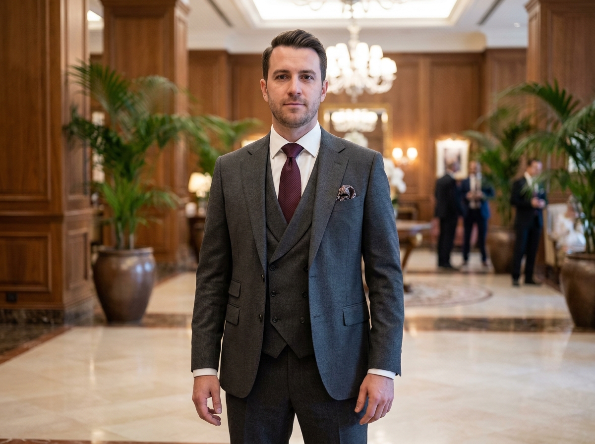 Homme en costume trois pièces charbon avec gilet dans un hall d'hôtel élégant, illustration du port du gilet en occasion formelle