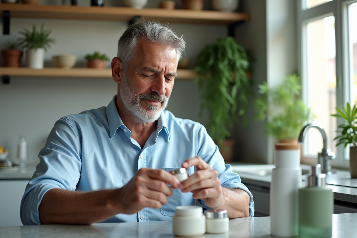 Homme examinant crème visage dans cuisine moderne