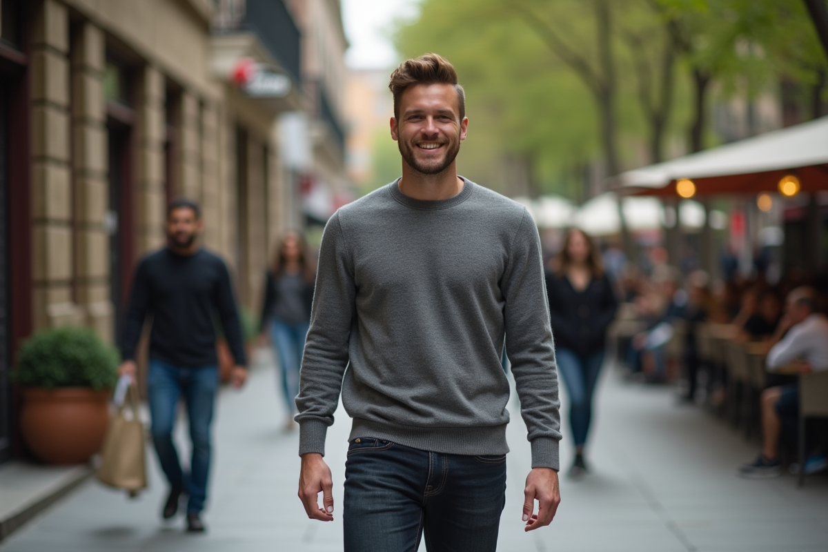 Homme décontracté marchant dans une rue urbaine animée