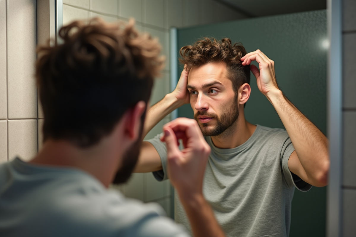 Homme vérifiant ses cheveux dans le miroir