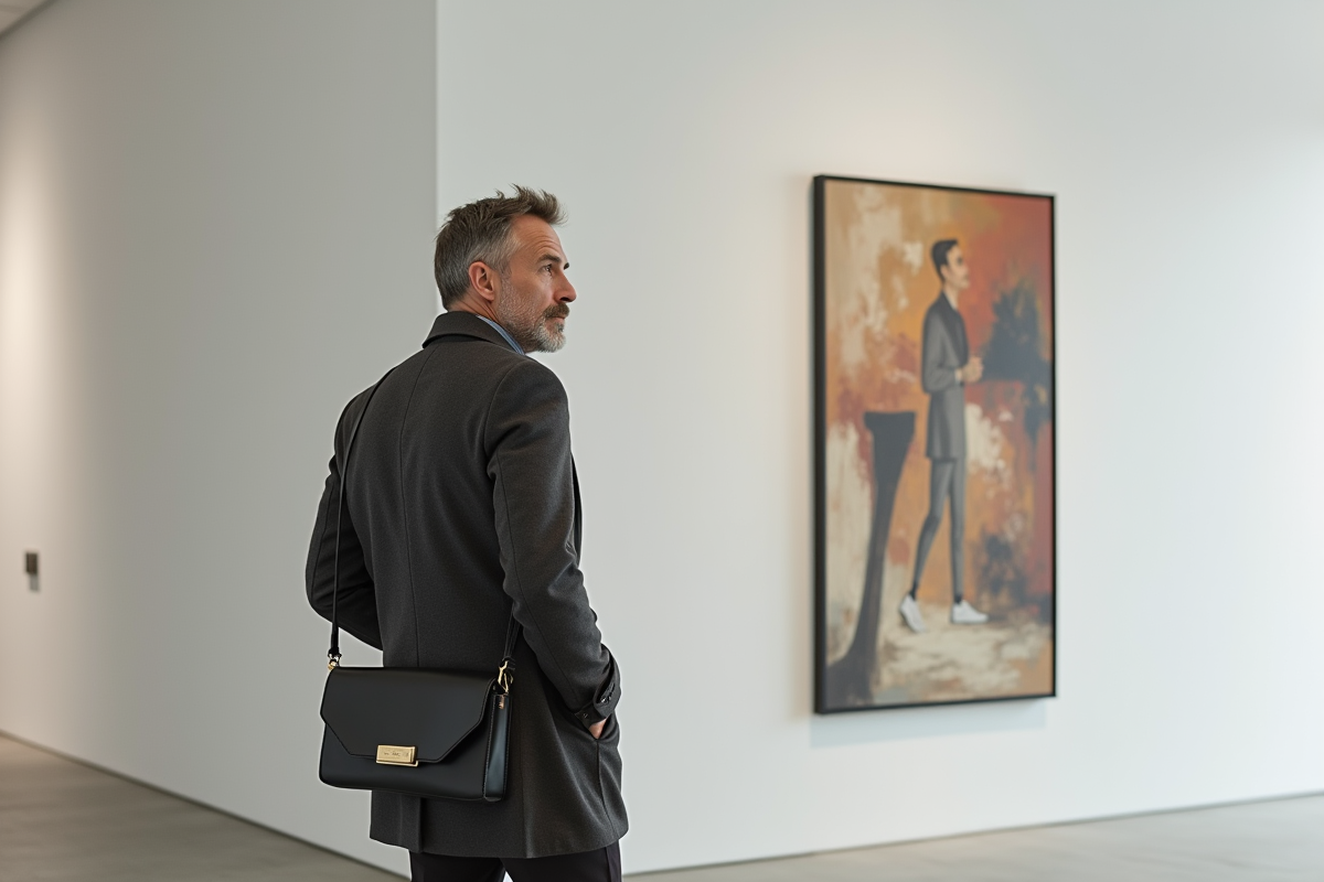 Homme d age moyen dans une galerie d art avec sac élégant
