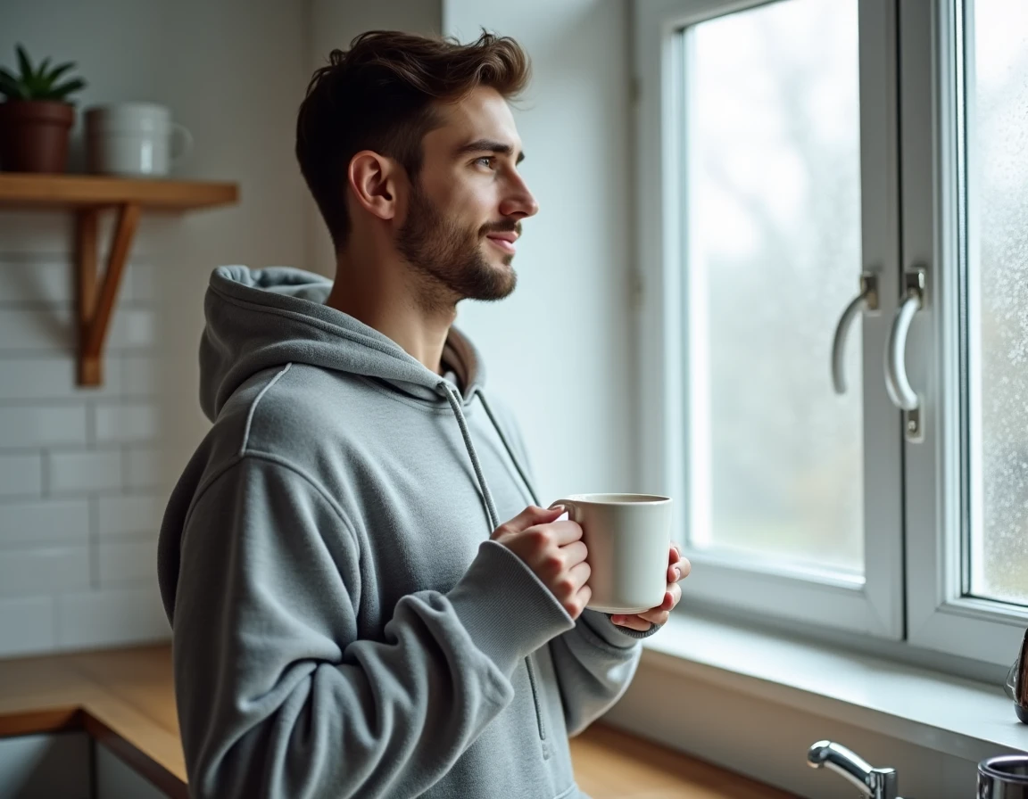 Homme en grenouillère polaire grise tenant un mug de café chaud devant une fenêtre givrée dans une cuisine moderne en hiver