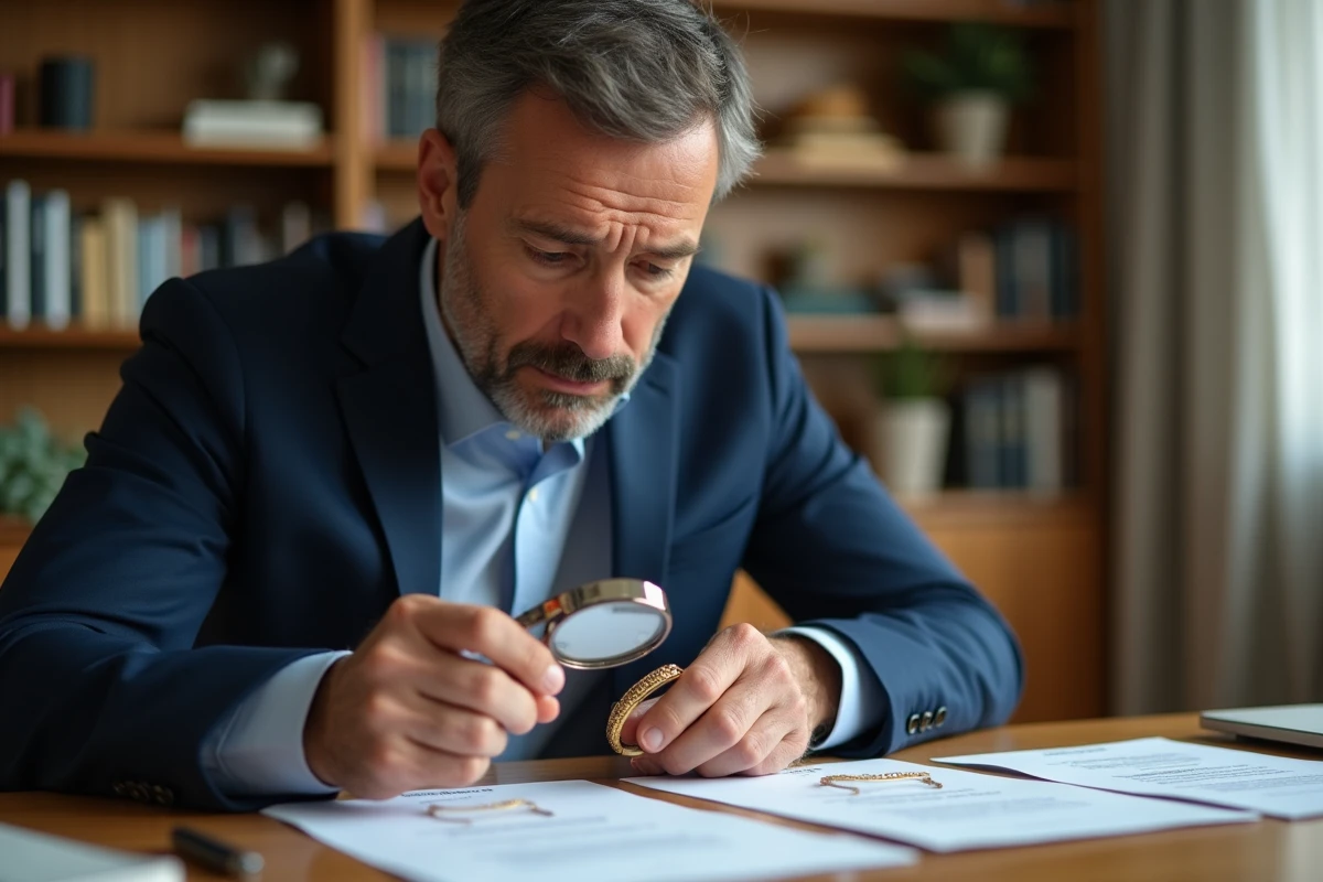 Homme en costume inspectant un bracelet en or sur son bureau à domicile