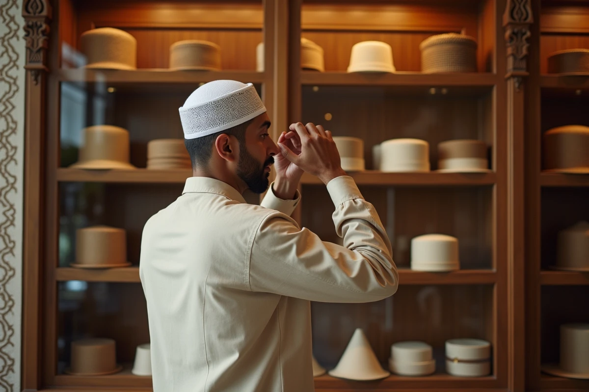 Homme portant un kufi blanc dans une boutique de cadeaux islamiques avec une étagère de chapeaux musulmans traditionnels en arrière-plan
