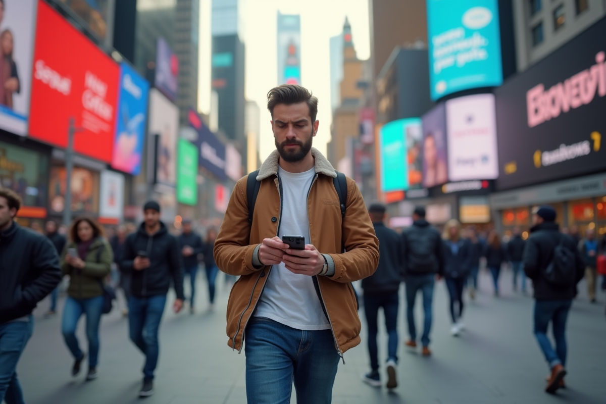 Homme seul dans une rue animée avec écrans sociaux lumineux