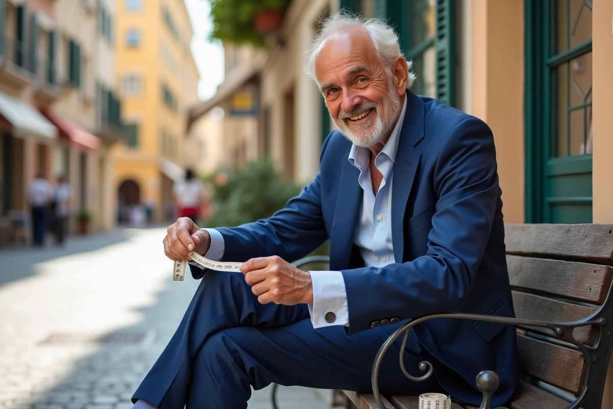 Homme âgé en costume à Nice examinant ses manches de tailleur