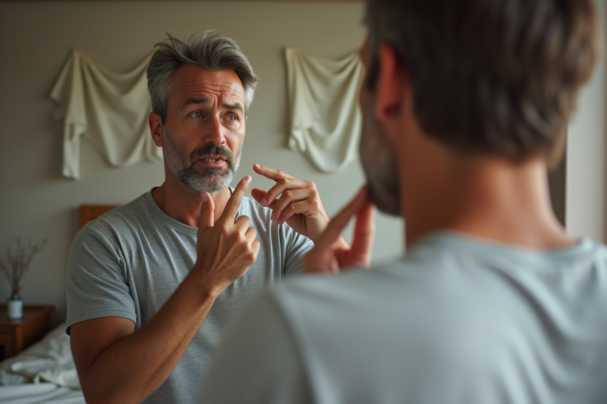Homme regardant son visage dans le miroir avec une tache blanche