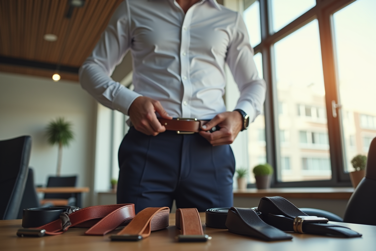 Homme élégant dans un bureau ajustant une ceinture en cuir