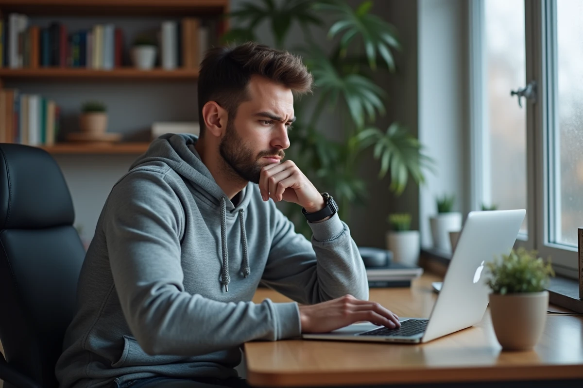 Homme assis devant son ordinateur portable constatant une rupture de stock lors des soldes d'hiver, erreur classique de navigation tardive sur un site e-commerce