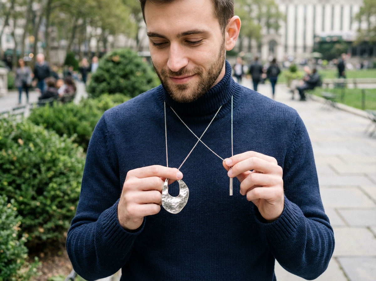 Jeune homme regardant deux pendentifs en plein air