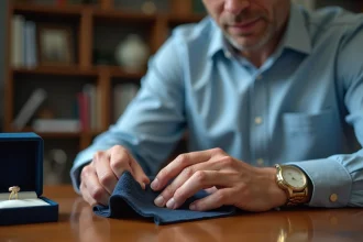Homme polissant une bague en or blanc avec un chiffon doux