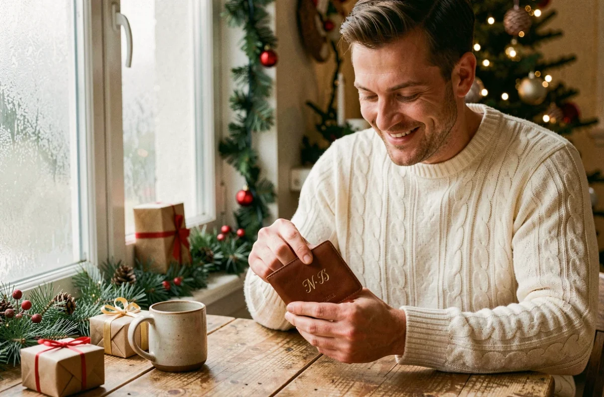 Homme ouvrant un portefeuille en cuir personnalisé avec ses initiales gravées lors d'un échange de cadeaux de Noël