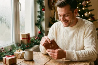 Homme ouvrant un portefeuille en cuir personnalisé avec ses initiales gravées lors d'un échange de cadeaux de Noël
