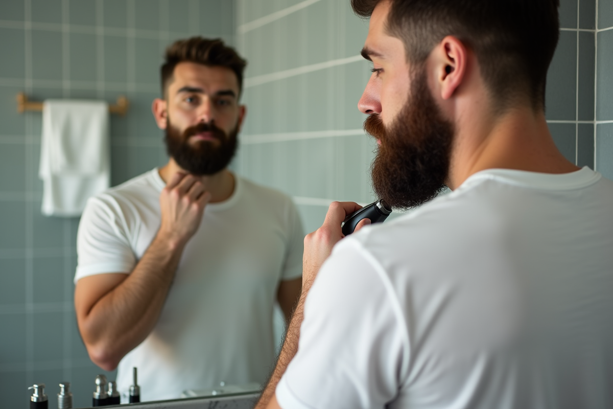 Homme avec barbe sculptée devant miroir de salle de bain
