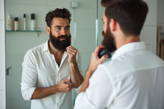 Homme barbu se rasant devant le miroir avec précision