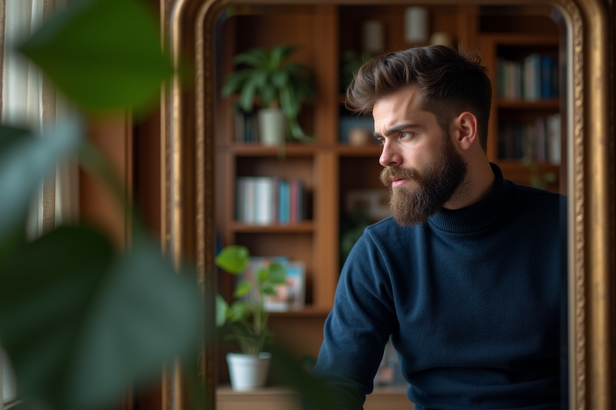 Homme avec barbe regardant dans un miroir intérieur