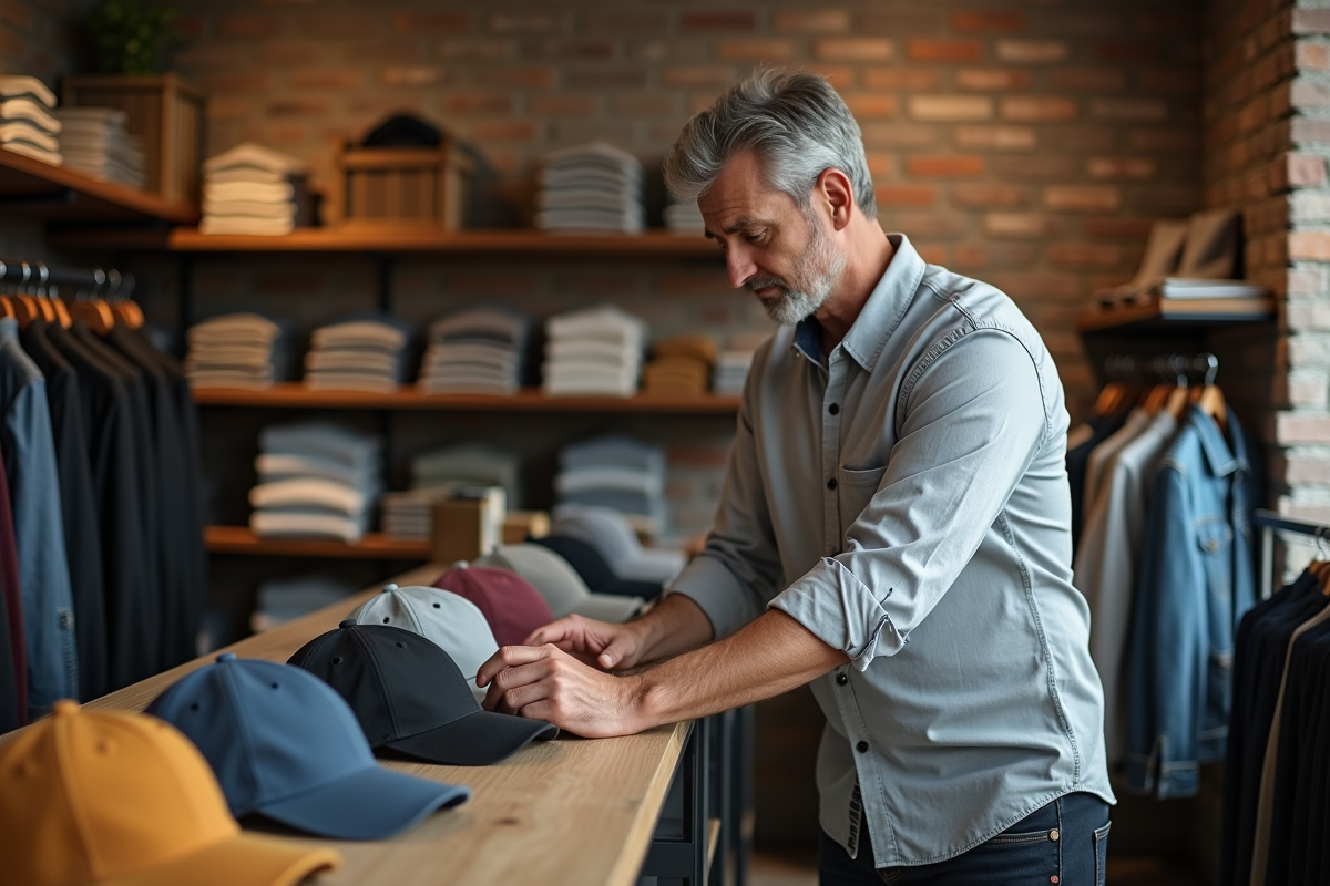 Homme choisissant une casquette dans une boutique
