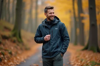 Homme souriant en veste softshell dans la forêt automnale