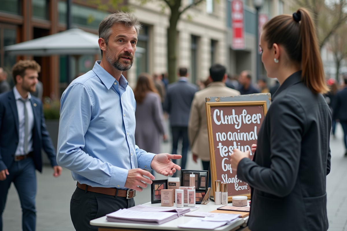 Homme discutant devant un stand de produits crueltyfree