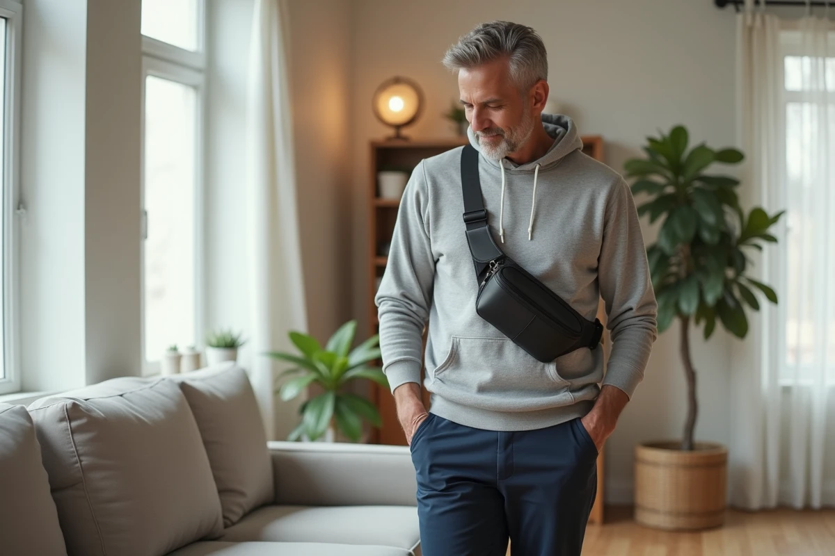 Homme testant une sacoche en intérieur moderne
