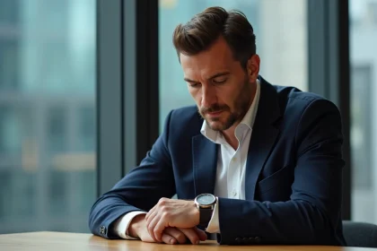 Homme élégant regardant sa montre dans un appartement moderne