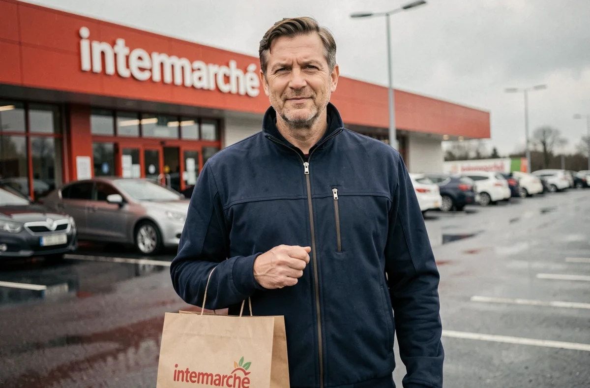 Homme en veste Armor Lux devant l'entrée d'un magasin Intermarché avec un sac de courses