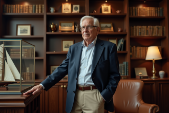 Homme âgé dans un bureau élégant avec livres et modèles