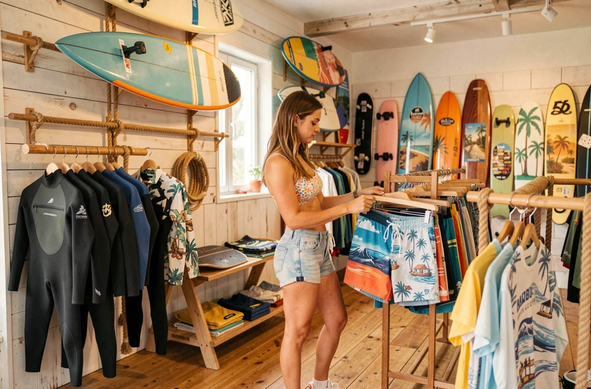 Une jeune femme parcourant les vêtements et équipements de surf dans le Hotmer Surfshop à Lille, avec des planches de surf exposées au mur