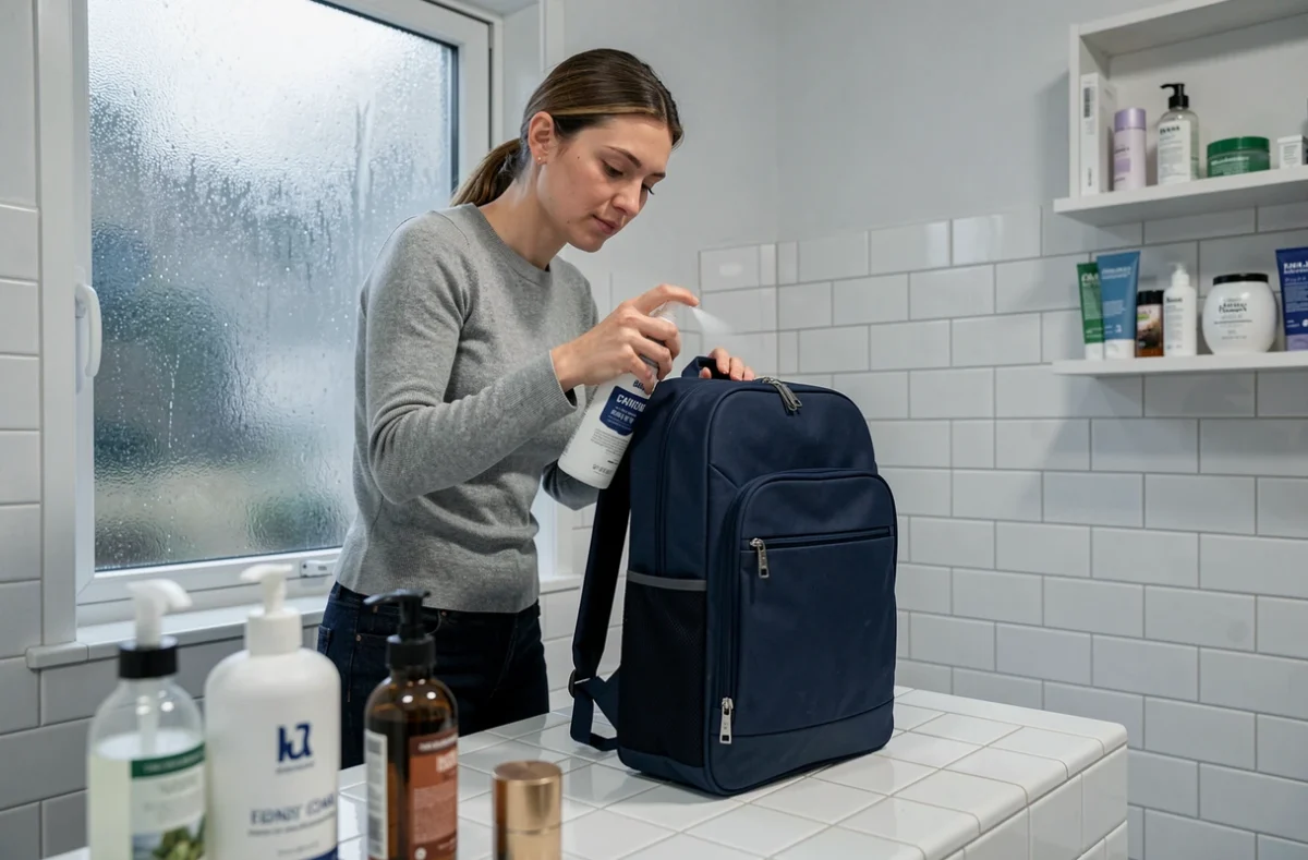 Femme appliquant un spray imperméabilisant sur son sac à dos pour ordinateur bleu marine dans une salle de bain