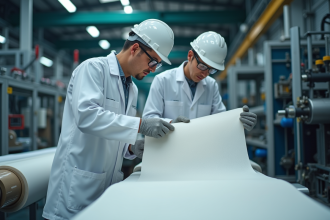 Ingénieurs dans une usine moderne examinant des rouleaux de tissu technique