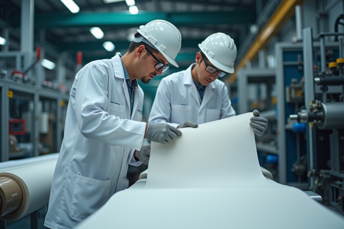 Ingénieurs dans une usine moderne examinant des rouleaux de tissu technique