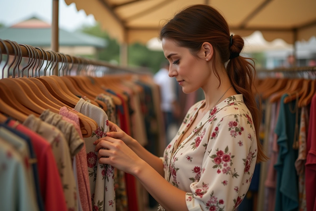 Femme inspectant l'étiquette et les coutures d'un chemisier vintage floral sur un marché aux puces pour détecter une contrefaçon