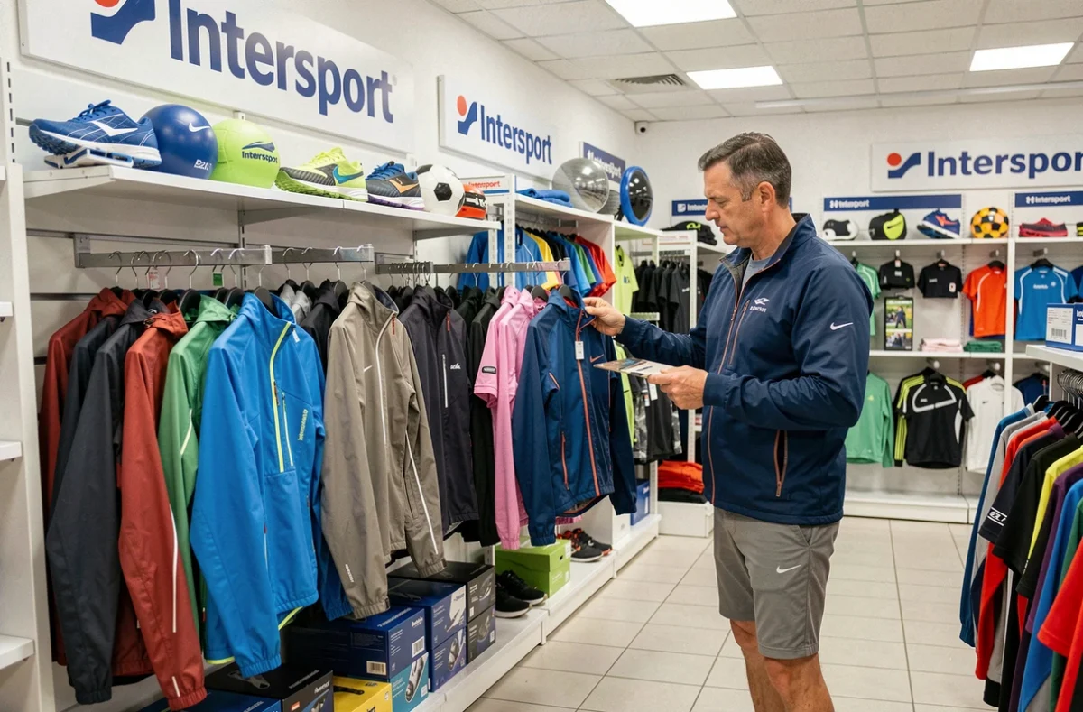 Un homme sélectionnant une veste imperméable dans le magasin Intersport de Dunkerque, avec des rayons de vêtements de sport et d'équipements nautiques