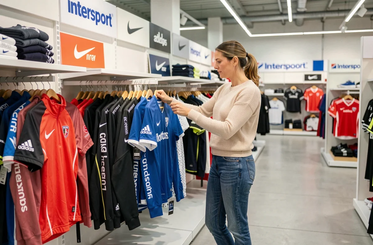 Une cliente parcourant les rayons de vêtements de sport et maillots de football dans le magasin Intersport de Lille Lomme