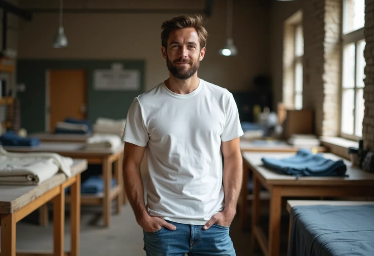 Homme en jeans coton bio dans un atelier durable