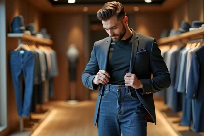 Jeune homme portant jeans rare dans boutique chic