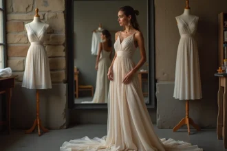 Jeune femme dans un atelier de couture moderne portant une robe oversized