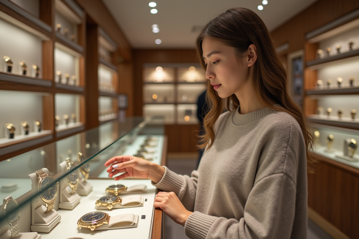 Jeune femme examine une sélection de montres dans une boutique