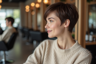 Femme regardant sa nouvelle coupe de cheveux dans un salon