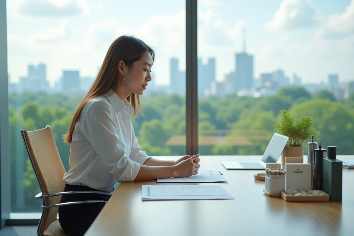 Jeune femme au bureau moderne avec produits et skyline