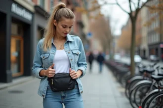 Jeune femme ajustant une sacoche urbaine en denim