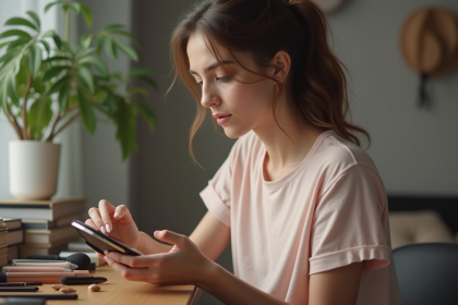 Jeune femme regardant une palette de maquillage dans sa chambre