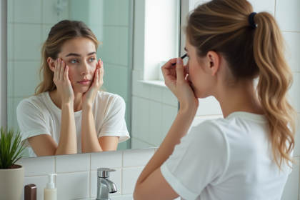 Jeune femme appliquant du mascara dans sa salle de bain
