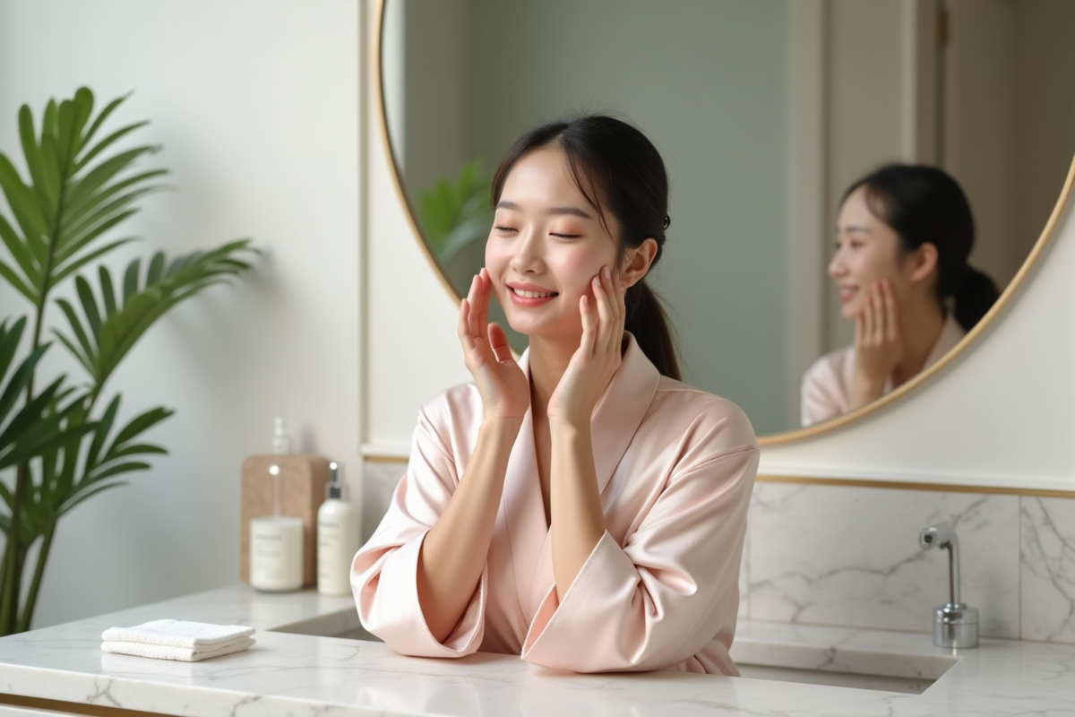 Jeune femme asiatique souriante en robe pastel lors d'un soin visage