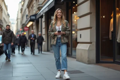 Jeune femme en streetwear devant boutique urbaine