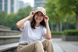 Jeune femme en ville ajustant sa casquette neutre