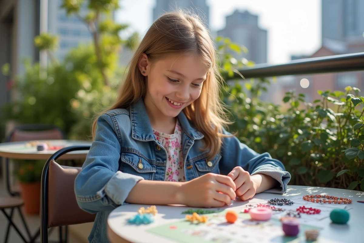 Jeune fille découvrant un kit de fabrication de bracelets en balcon