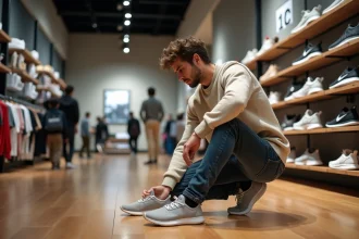 Jeune homme essayant des baskets dans un magasin moderne