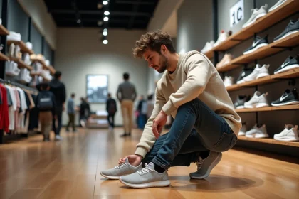 Jeune homme essayant des baskets dans un magasin moderne