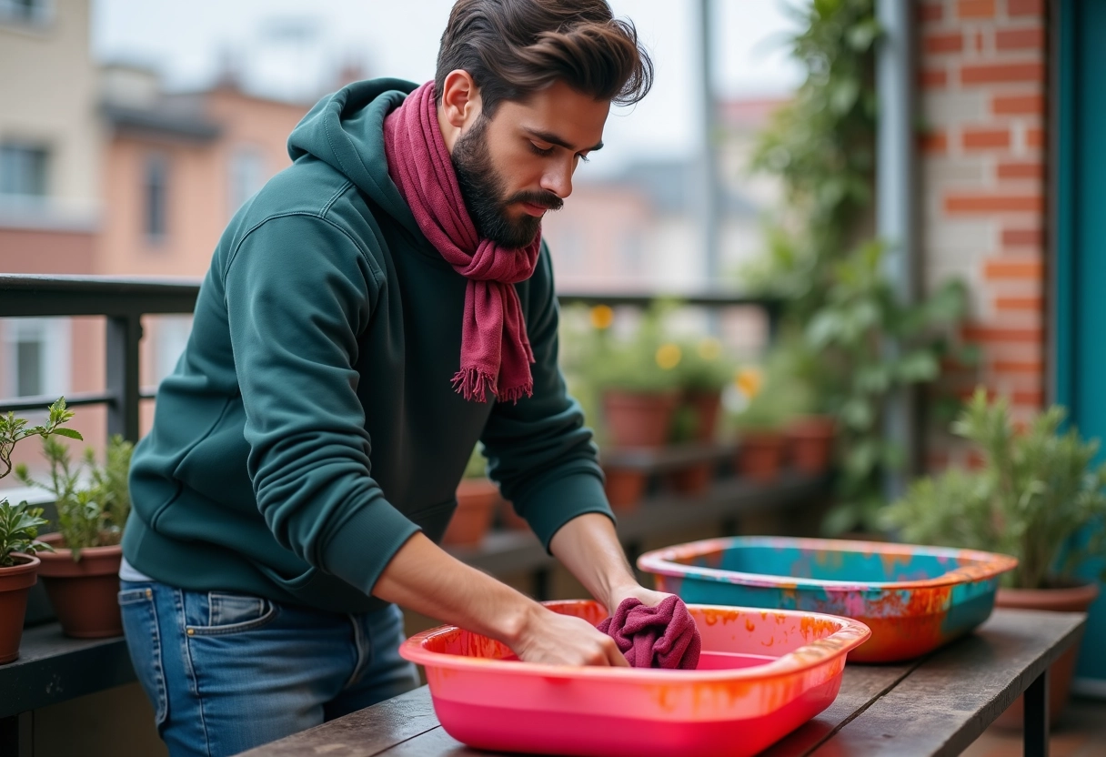 Jeune homme teintant une écharpe en polyester à l